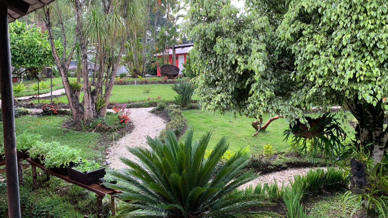 Jardines del hotel con banco de madera